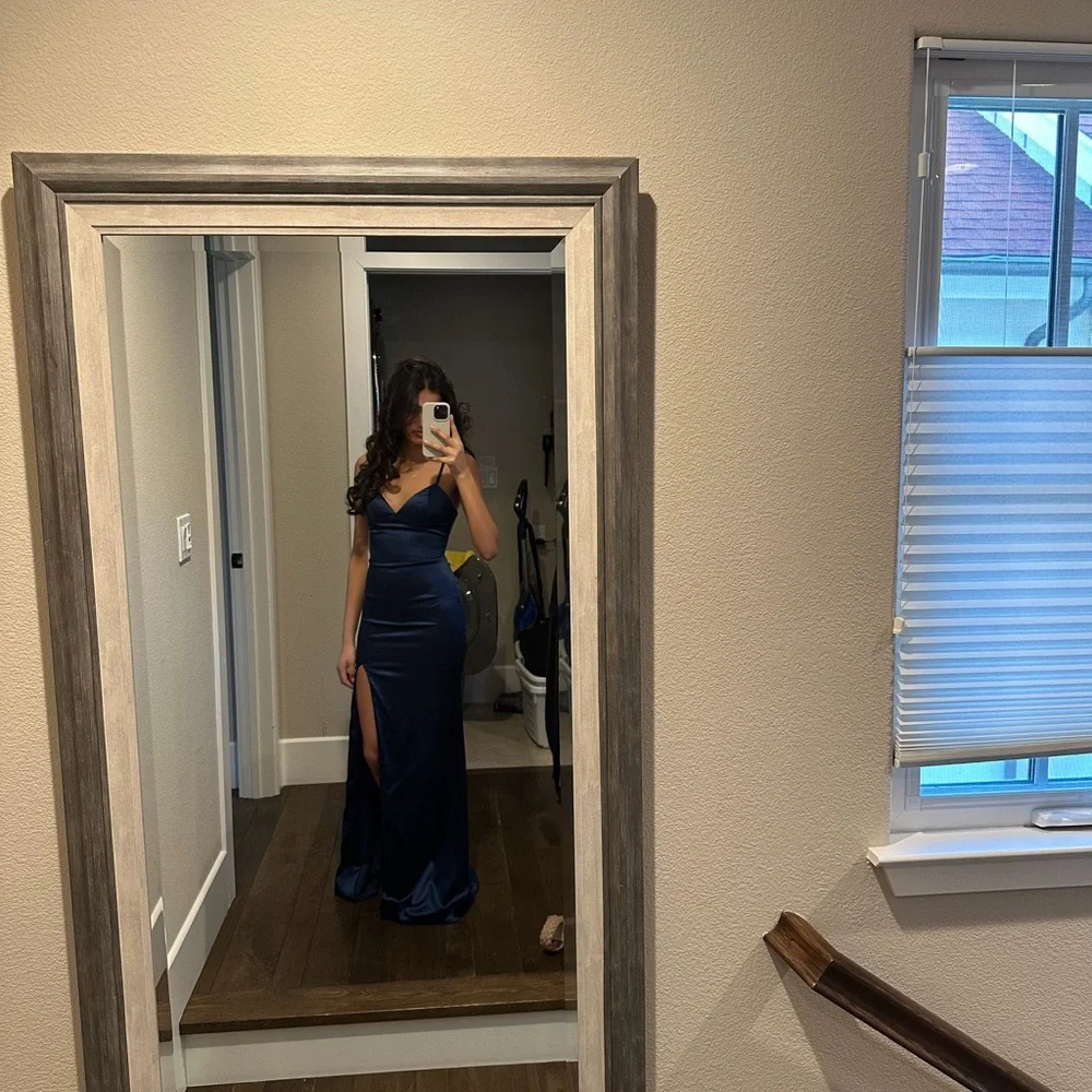 La Femme Navy Blue Prom Dress - Picture 2 of 10